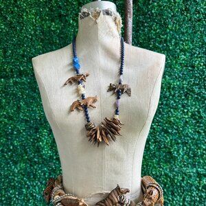 90s Beaded Necklace Statement Wood Sculptural